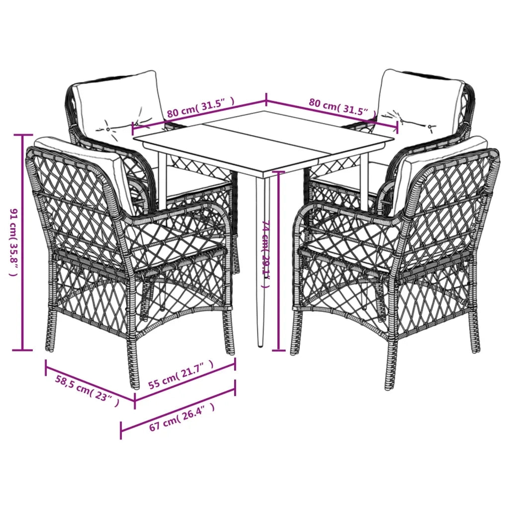 Set da Pranzo da Giardino 5 pz Nero con Cuscini in Polyrattan 3212083