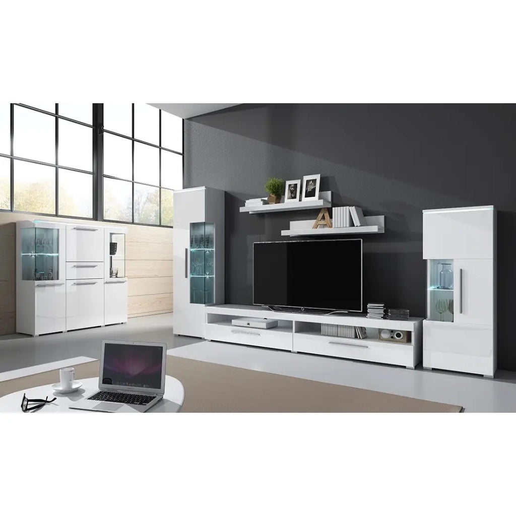 Mobile TV XL 200cm collezione BOMBAY. Colore bianco lucido. Illuminazione LED multicolore.