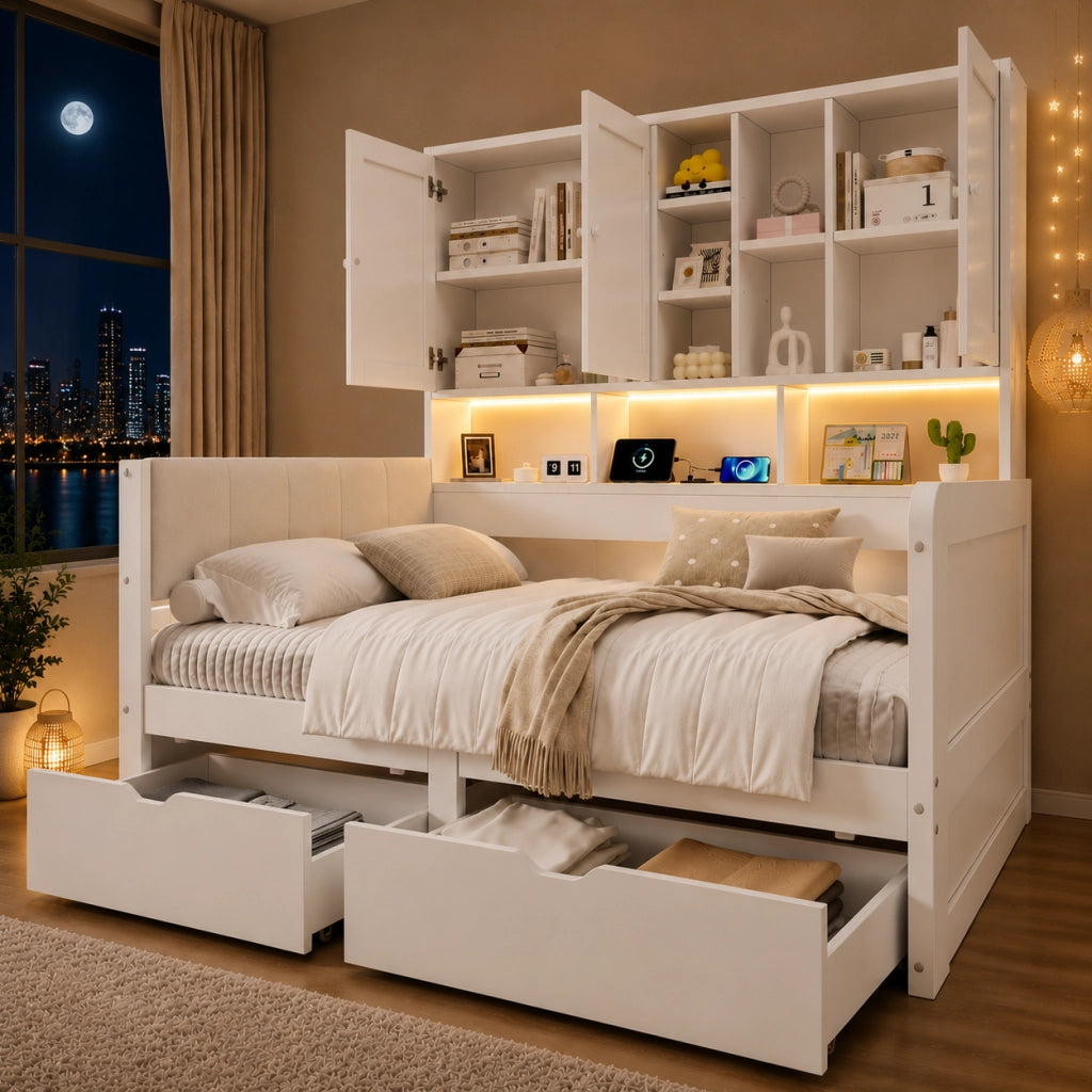 Letto 90x200 con contenitore, LED, USB e testiera imbottita