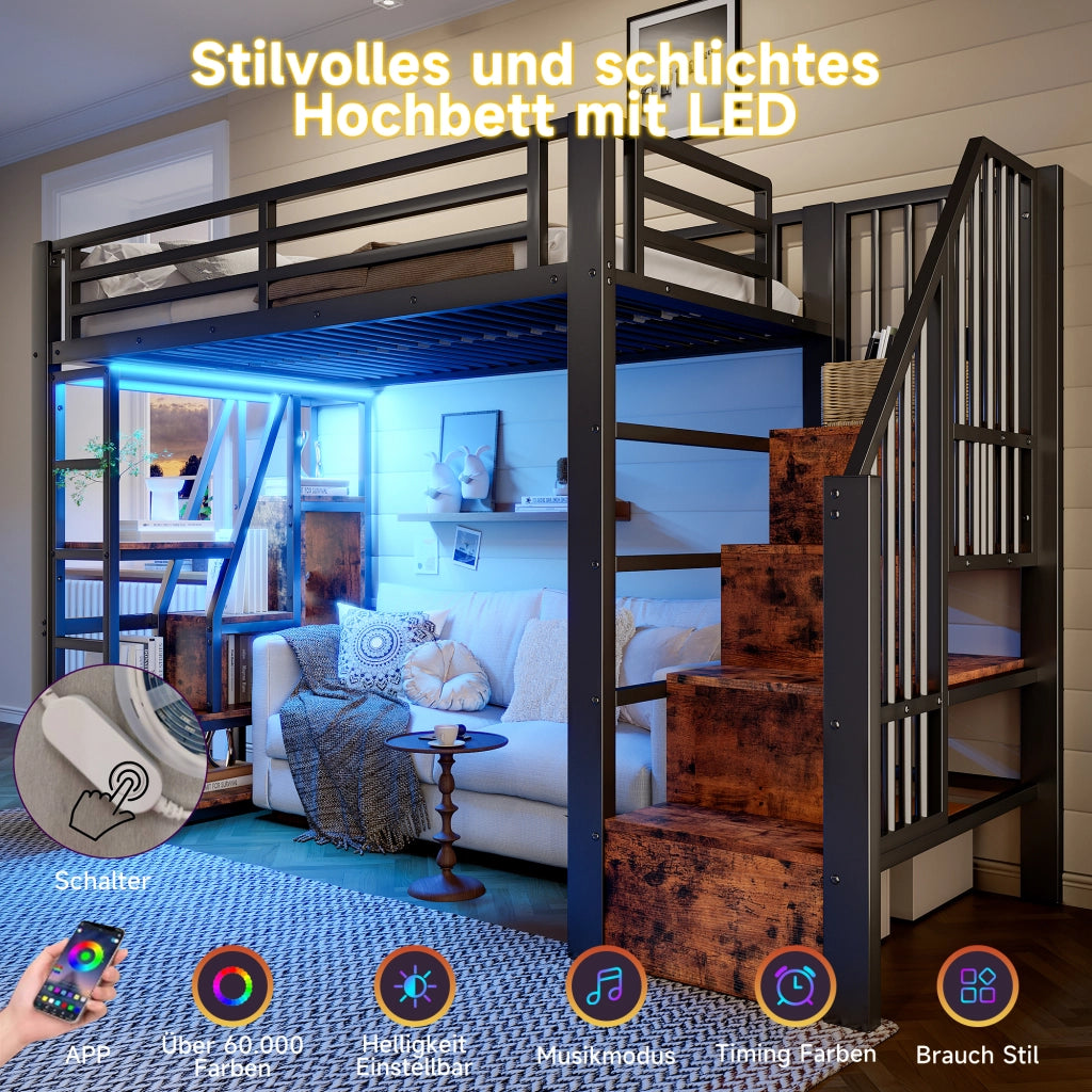 LETTO a soppalco 90x200 cm in metallo e MDF nero con scala e LED