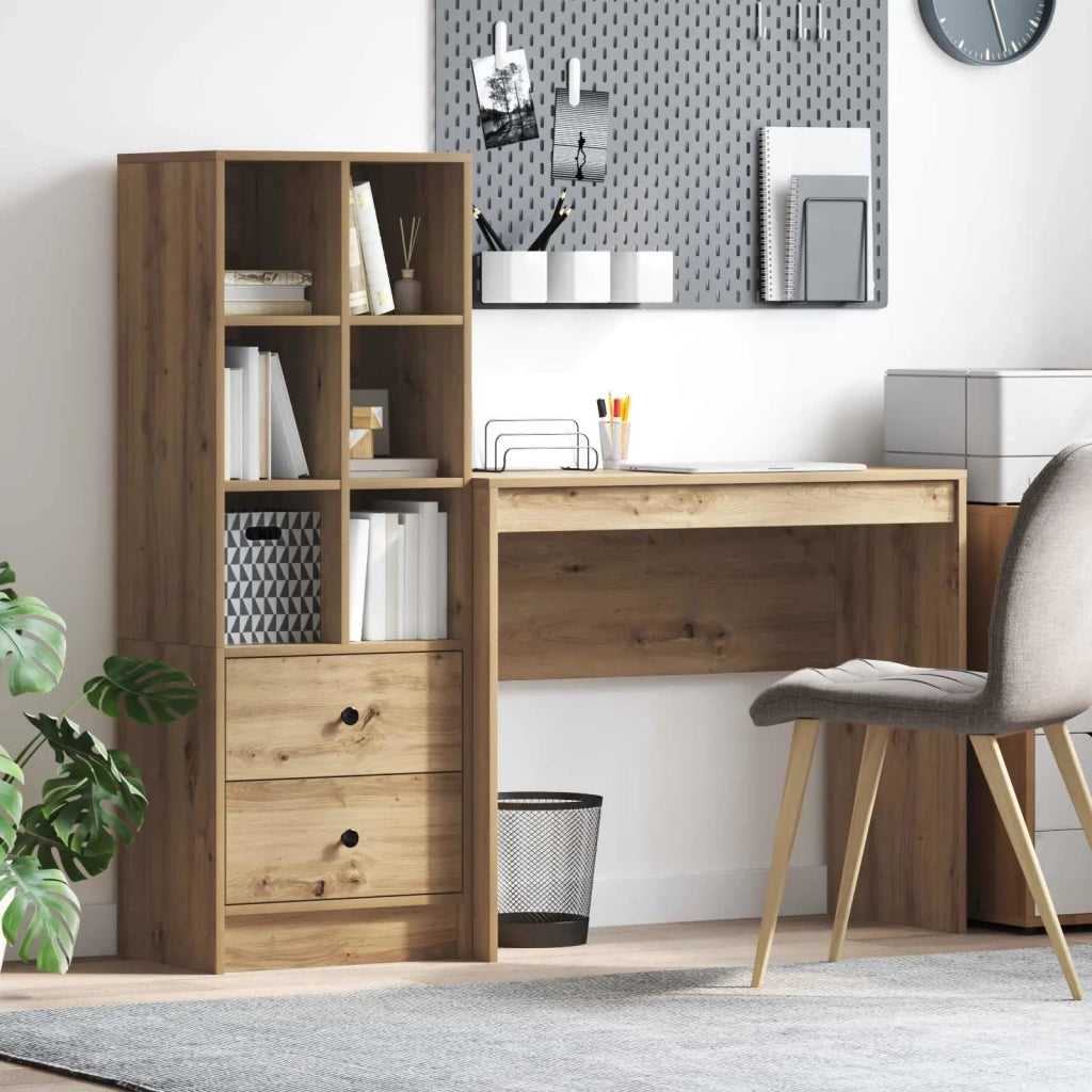 Scrivania | Tavolo da Ufficio con cassetto con lo scaffale 2 pz Rovere artigianale