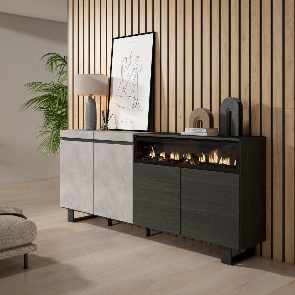 Credenza, Mobile, 200x35x87cm, 4 Porte, Camino elettrico, Design industriale, grigio cemento RF2414