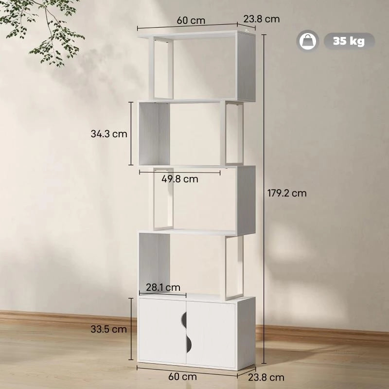 LIBRERIA MODERNA CON 5 RIPIANI E ARMADIETTO A 2 ANTE IN LEGNO, 60X23.8X179.2 CM, BIANCO