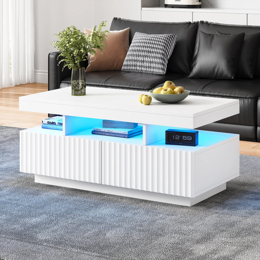 Tavolino da caffè con 2 cassetti; vano aperto e striscia LED - per soggiorno - 100×50×45 cm - in truciolare - bianco