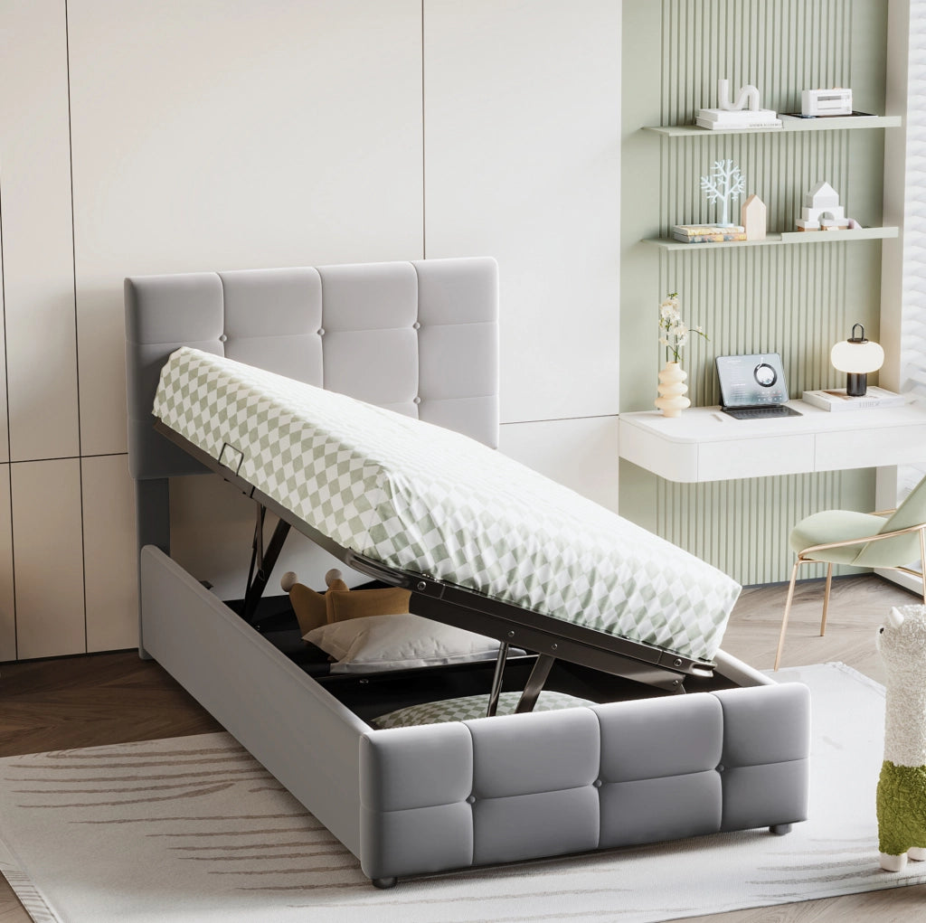 Letto imbottito con contenitore e testiera regolabile, 90x200 cm