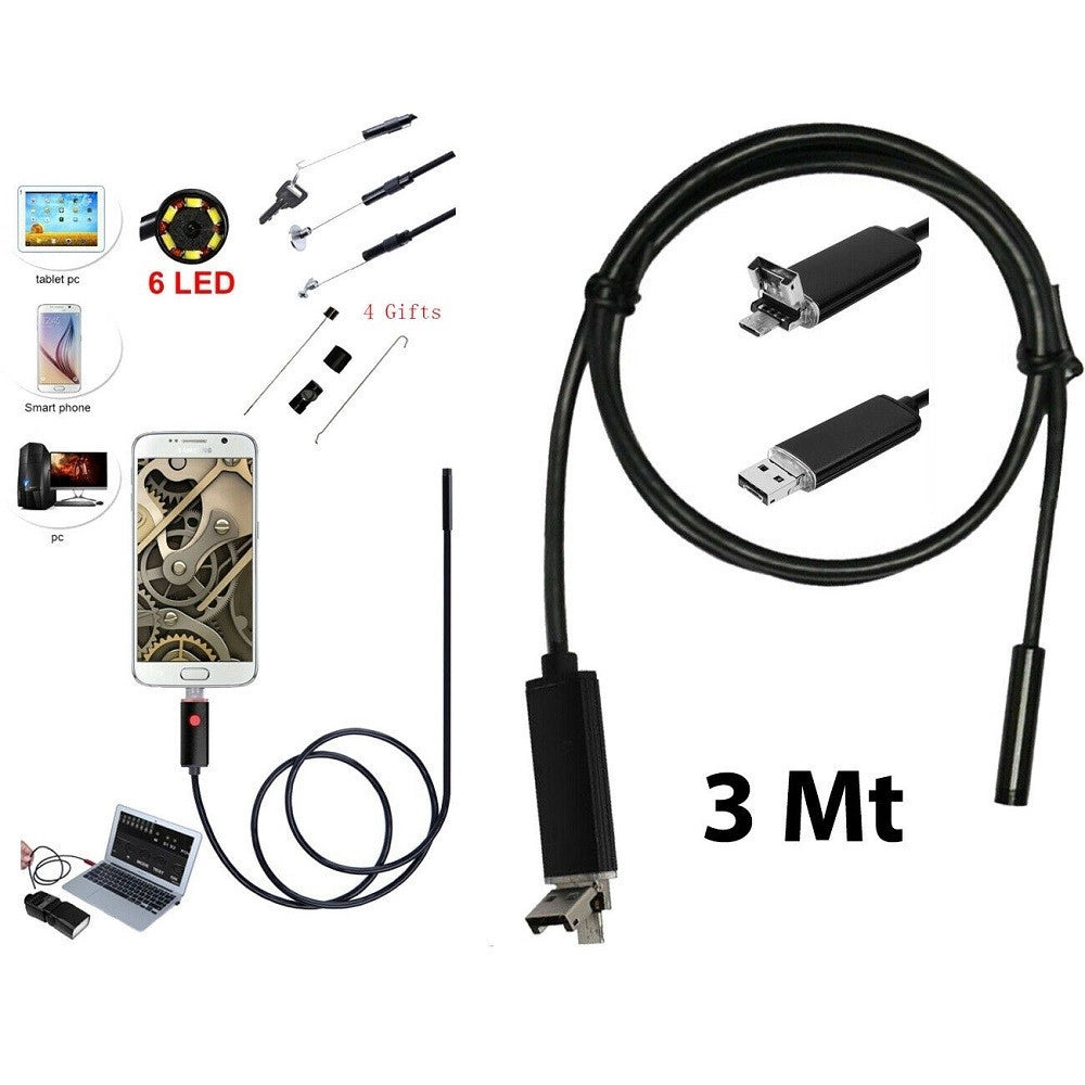 Trade Shop - Telecamera Endoscopica 6 Led Tubo Flessibile Usb 3 Mt Impermeabile Ispezione -