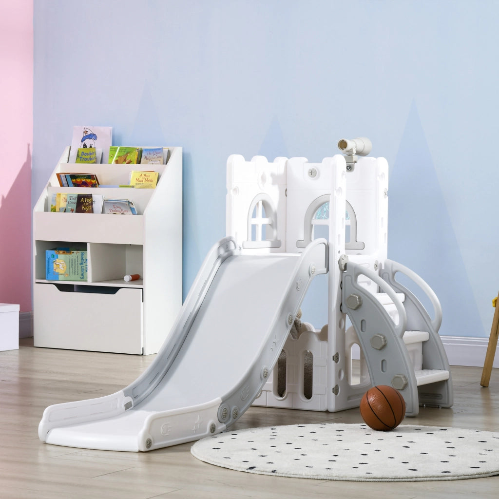 Scivolo per bambini 5 in 1 con canestro e struttura di arrampicata telescopica ¨C Xylo ¨C Grigio 70x177x92cm