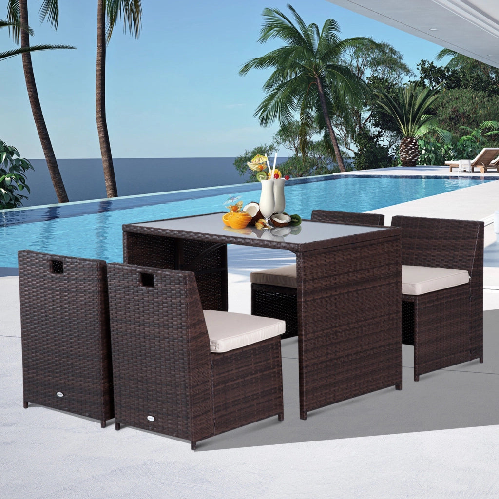 Set salotto da giardino in polyrattan 5 pezzi con tavolo; 4 sedute e cuscini; marrone