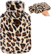 Bottiglia di acqua calda con copertura morbida - copertura morbida e soffice con tasca per kangourou per le mani, bottiglia di acqua calda in gomma da 2L con grande capacità, flacone per bevande per adulti, regalo per donna, modello leopardo