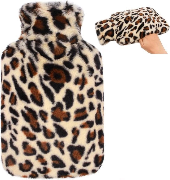 Bottiglia di acqua calda con copertura morbida - copertura morbida e soffice con tasca per kangourou per le mani, bottiglia di acqua calda in gomma da 2L con grande capacità, flacone per bevande per adulti, regalo per donna, modello leopardo