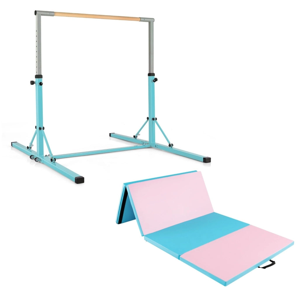 Barra ginnastica per bambini e materassino pieghevole per yoga, Attrezzatura palestra domestica e tappetino da ginnastica Azzurro