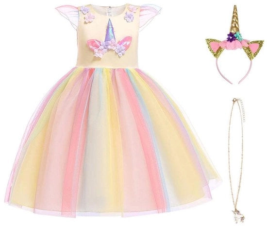 Costume da Principessa con Corno - Abito da Fantasia per Bambina - Diadema - Collana - Adatto da 2 a 10 anni