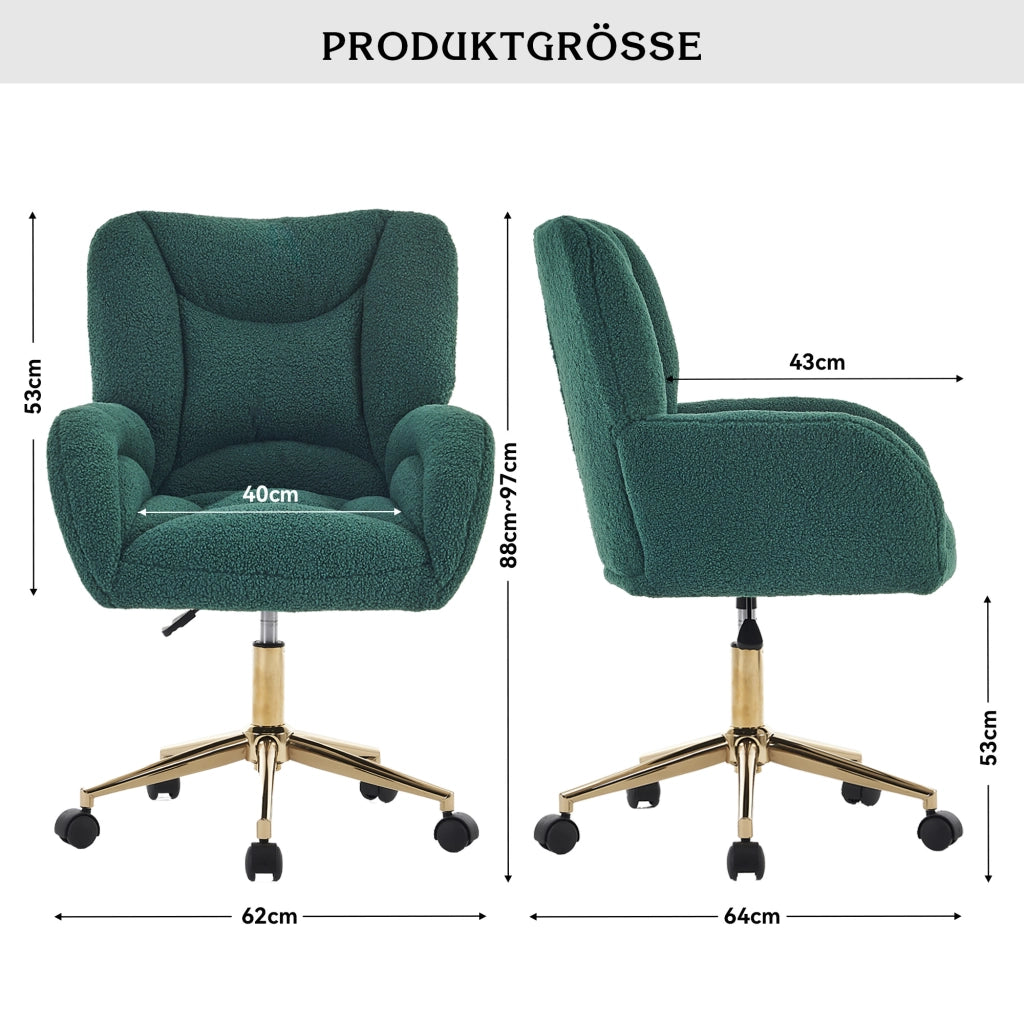 Sedia da Ufficio Girevole Regolabile in Altezza ¨C Xylo ¨C Tessuto Teddy Verde, Gambe Oro