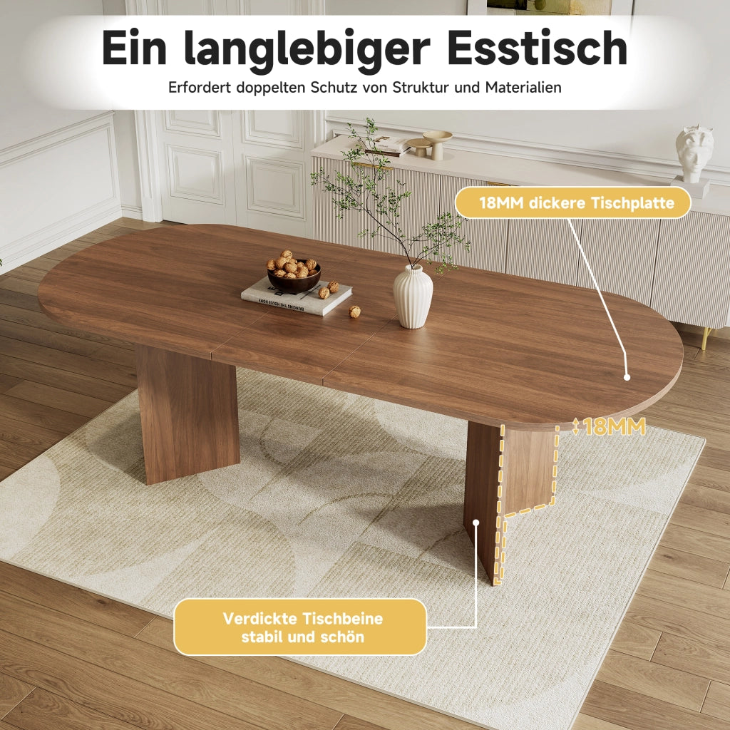 Tavolo da pranzo allungabile con piano spesso e angoli arrotondati per 6-8 persone in sala da pranzo; noce; 200×90×75 cm