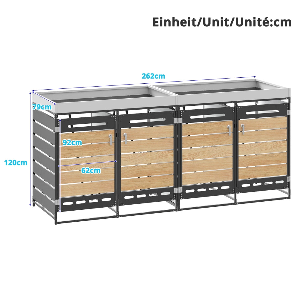 Box copri bidoni con fioriera integrata; 4 scomparti; ferro nero