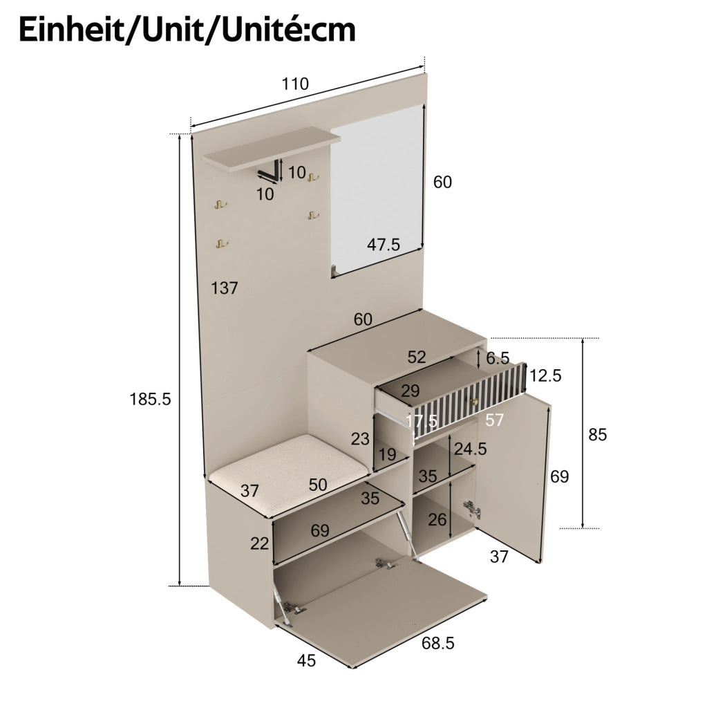 Mobile da ingresso 110x37x185.5 cm con specchio e seduta imbottita in MDF