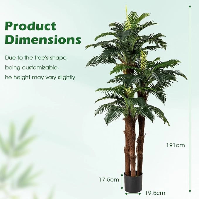 Set di 2 Palme Artificiali, Pianta Tropicale Finta 191 cm con 45 + 3 Foglie Regolabili, 3 Tronchi Realistici e Muschio, Pianta da Interno in Vaso per Decorazione di Casa e Ufficio