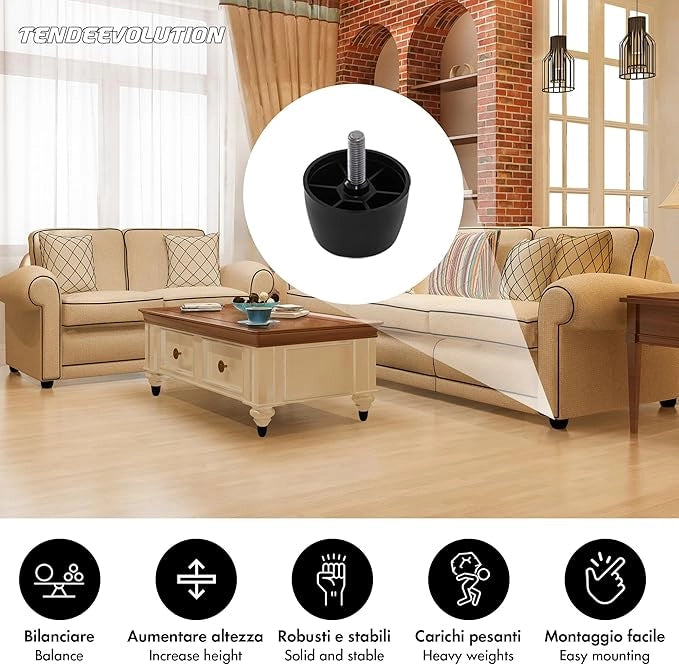 Piedini in Plastica PVC per Mobili | Altezza 12cm | Vite M10 | Design Minimal ed Elegante