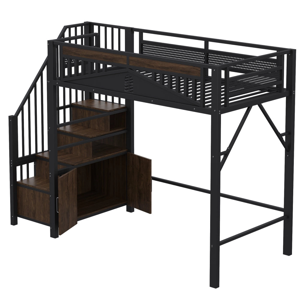 Letto a soppalco in metallo 90 x 200 cm con scala e spazio contenitivo