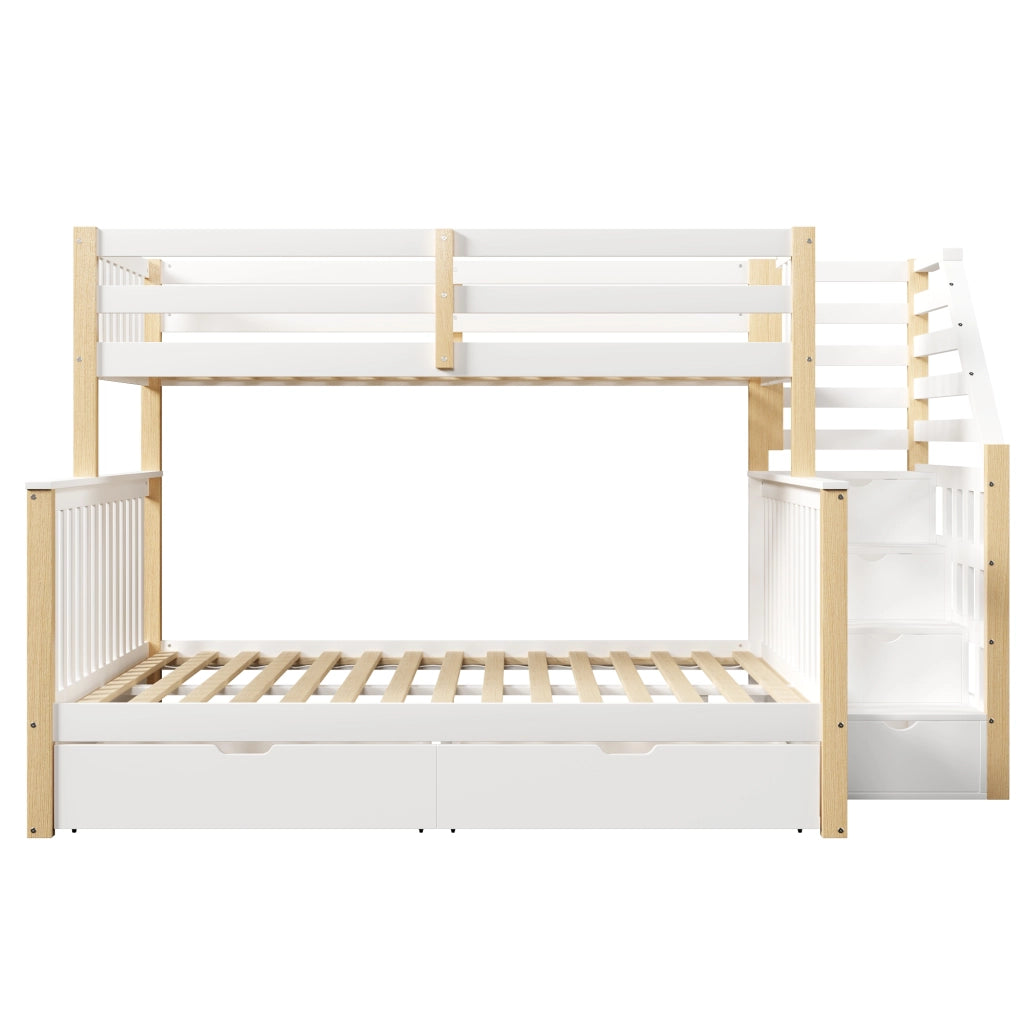 Letto a castello 90×200 e 140×200 cm 3 posti con cassetti e scala laterale; senza materasso; in pino; bianco e naturale
