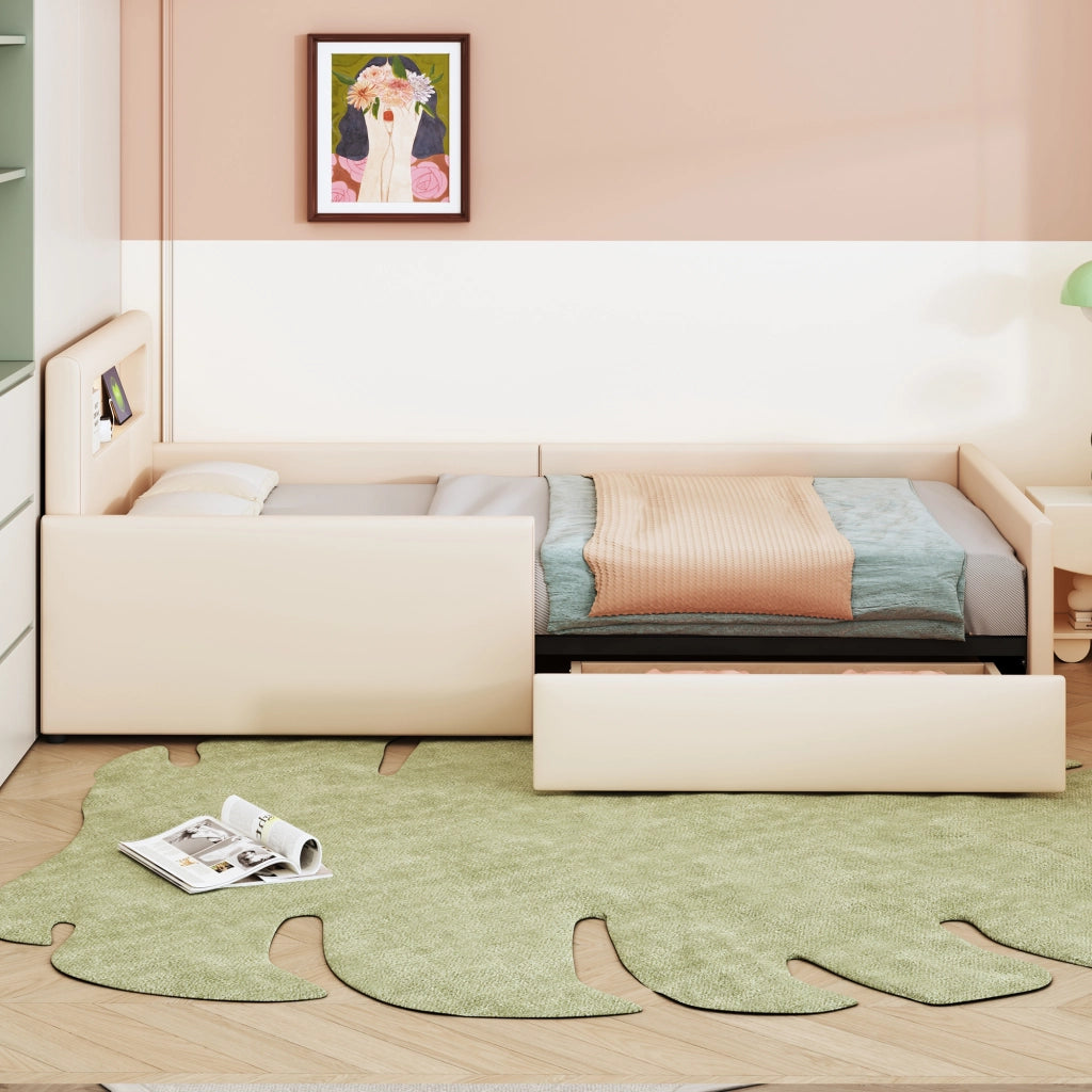 LETTO per bambini 90x200 cm beige in similpelle con USB, luce notturna e cassetti
