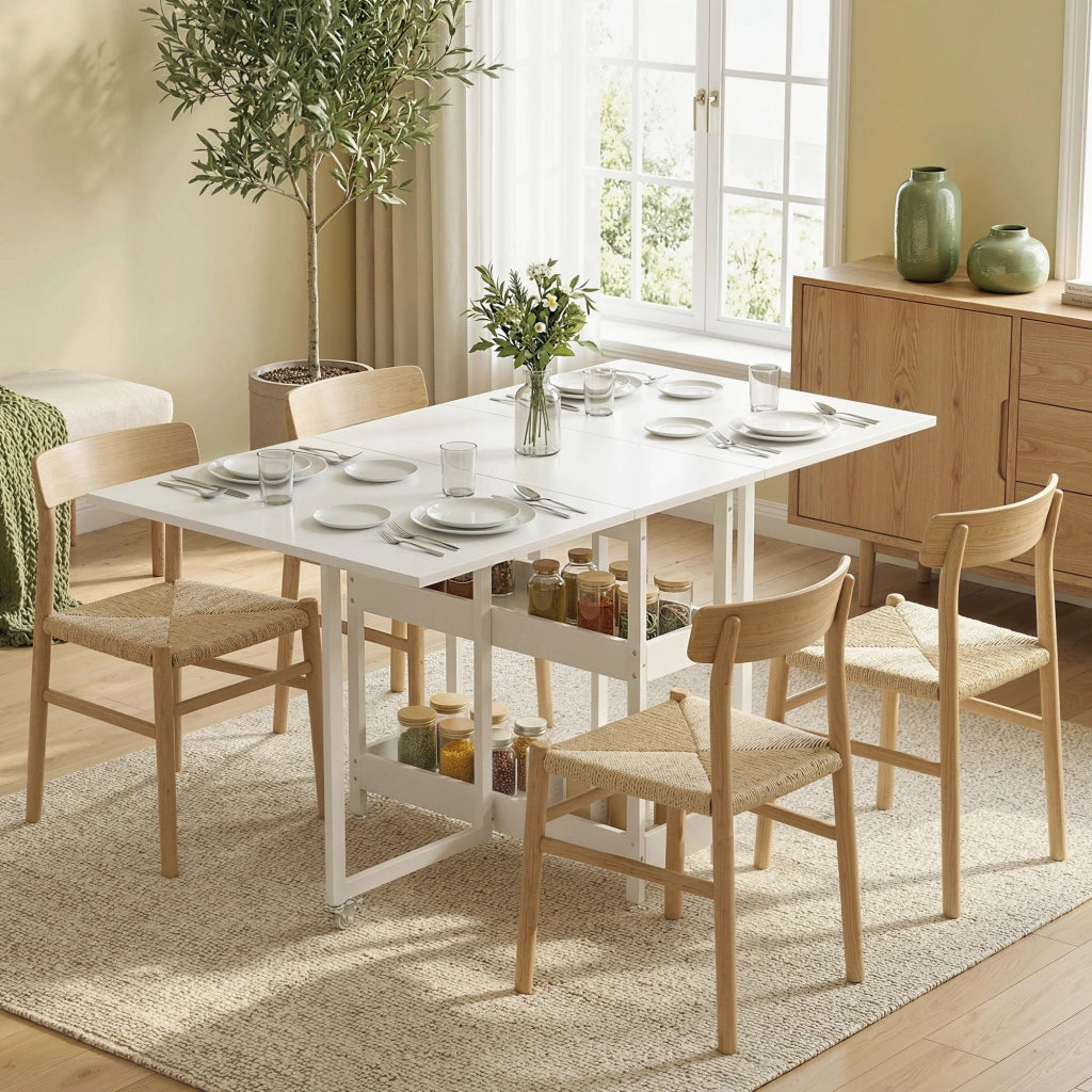 Tavolo Pieghevole ¨C Minimal ¨C Bianco, Legno e Metallo, 133.4x80x75 cm