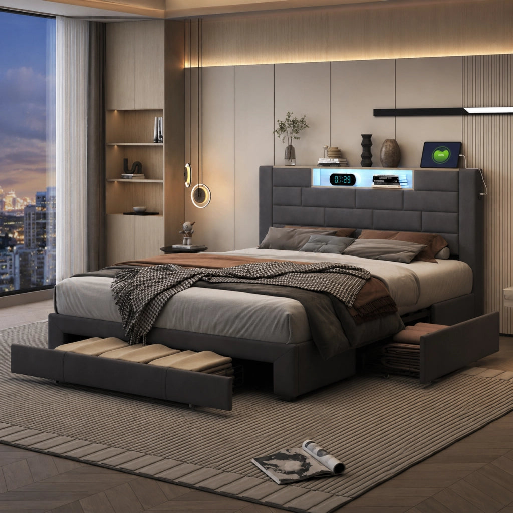 Letto matrimoniale 160x200 cm velluto grigio, testiera con vano portaoggetti, porte USB, luci RGB‑LED controllabili da app e telecomando, 3 cassetti contenitore
