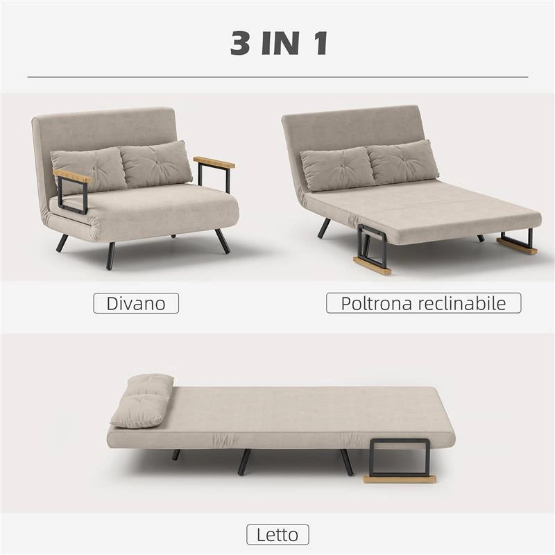 DIVANO LETTO 3 IN 1 IN TESSUTO EFFETTO VELLUTO CON SCHIENALE REGOLABILE E 2 CUSCINI 102X73X81 CM BIANCO CREMA