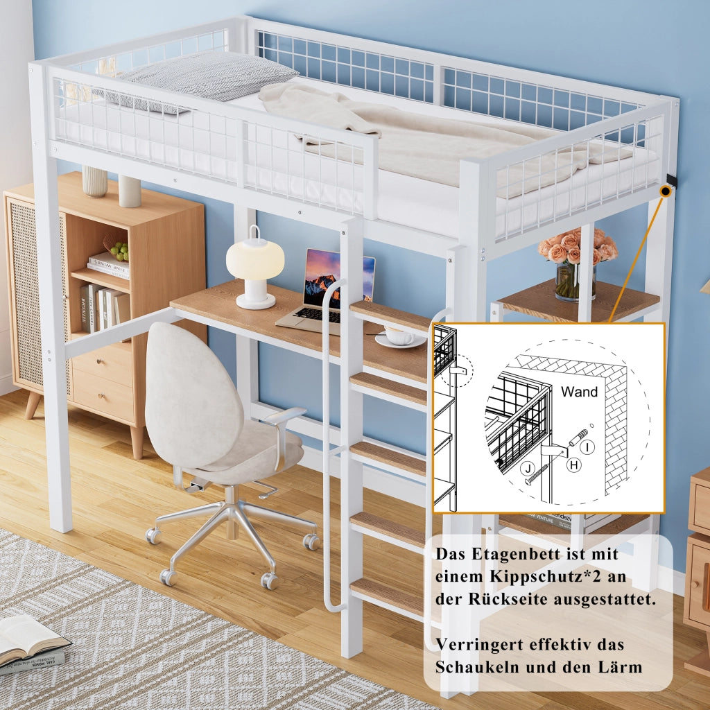 DESMIU Letto a Soppalco 1 Posto con Scrivania, Scaffali e Scala 90 × 200 cm, Senza Materasso, Metallo e Legno, Bianco Naturale