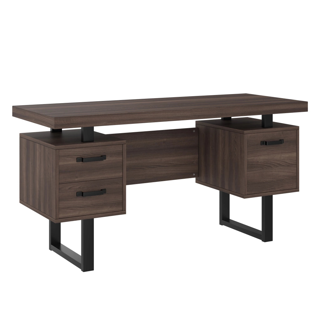 Scrivania lineare con 2 cassetti e vano portadocumenti; per ufficio; 135×54×76 cm; in MDF e metallo; marrone