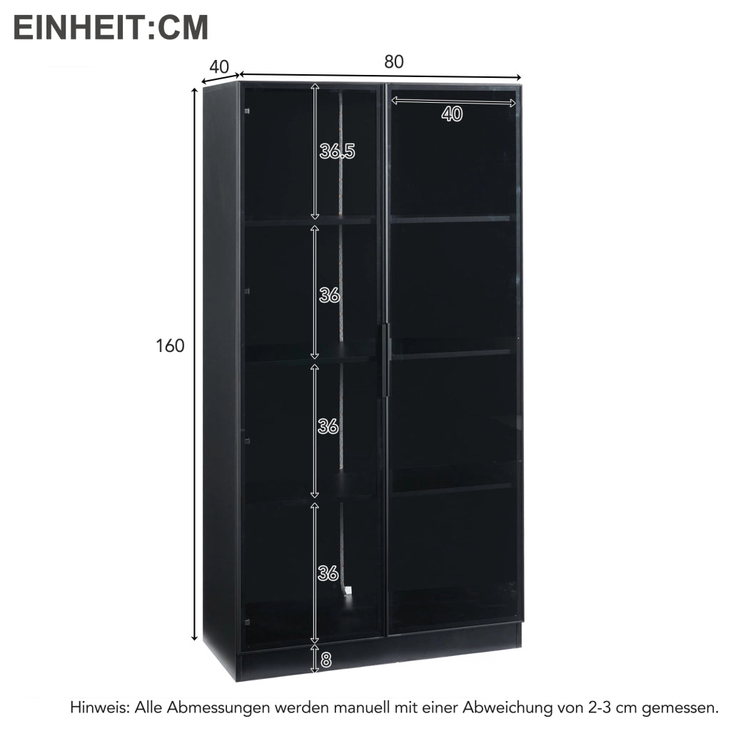 VETRINA con LED APP 80x40x160 cm Nero in Truciolare con 2 Ante in Vetro