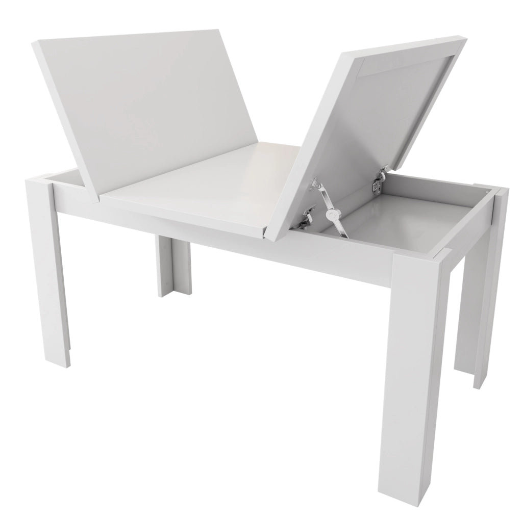 Tavolo da pranzo con vano contenitore nascosto e piano apribile in MDF bianco