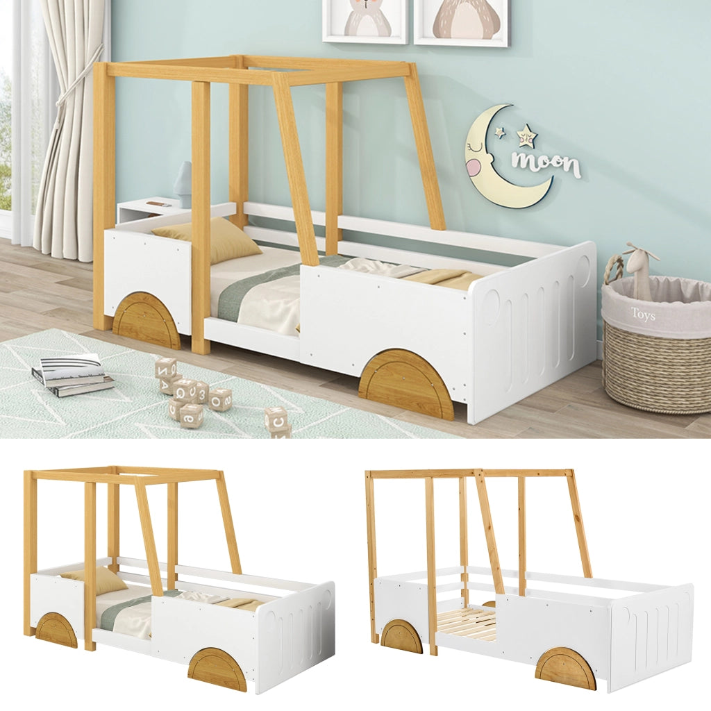 DESMIU Letto per bambini 1 posto con sponde, forma auto e struttura superiore, 90 × 200 cm, senza materasso, bianco