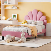 Letto imbottito 90x200 cm con testiera a forma di fiore; velluto rosa e rete a doghe