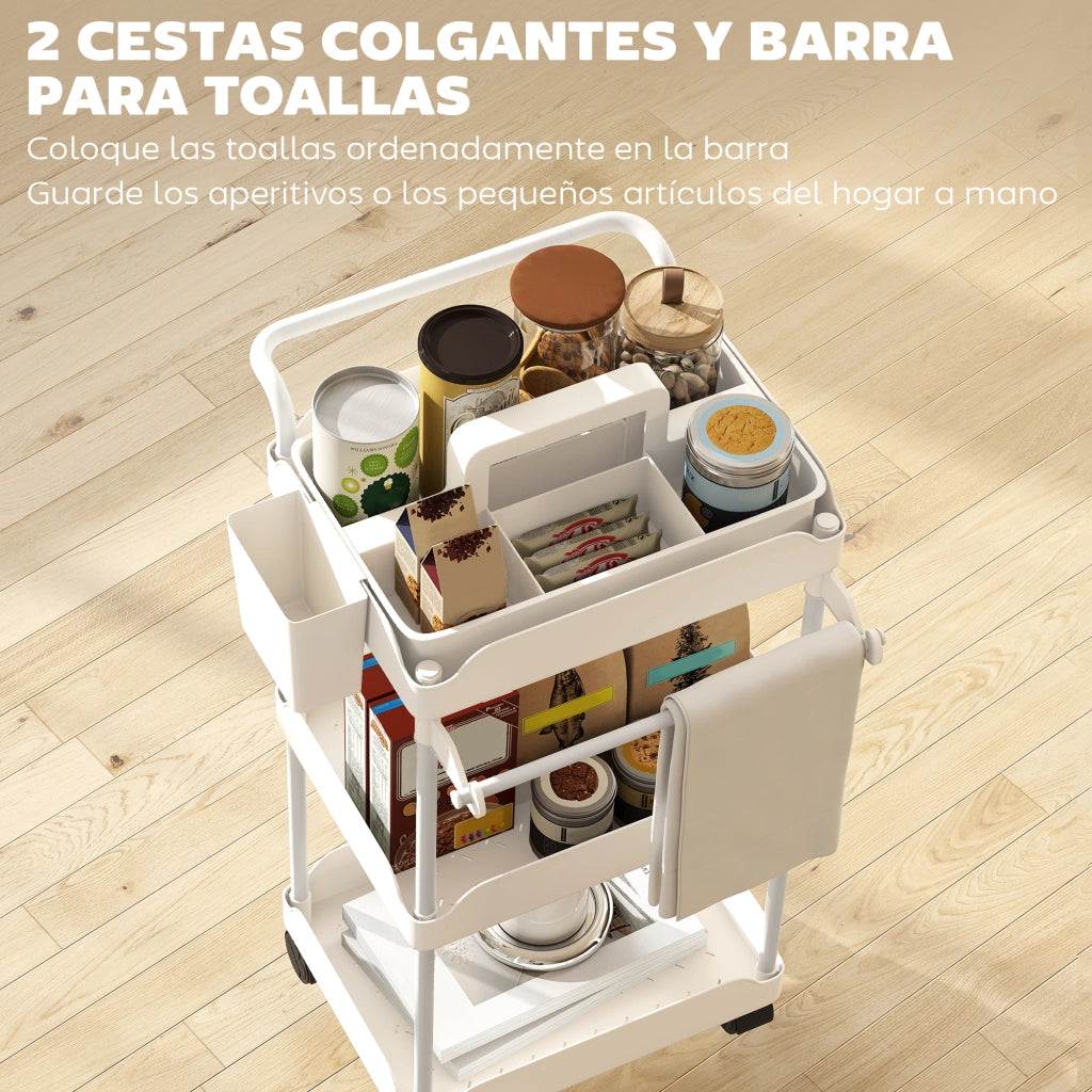 Carrello Ausiliario 3 Ripiani con Ruote ¨C Xylo ¨C Bianco con Cestini Estraibili