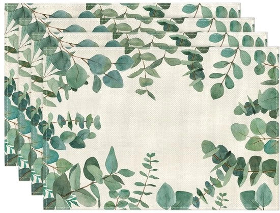 Set di tovaglie da tavola in eucalipto - Tovaglie da tavola decorative - Verde - Decorazione da tavola - Set da 4 pezzi - Adatto per Primavera e Estate - 30 x 45 cm
