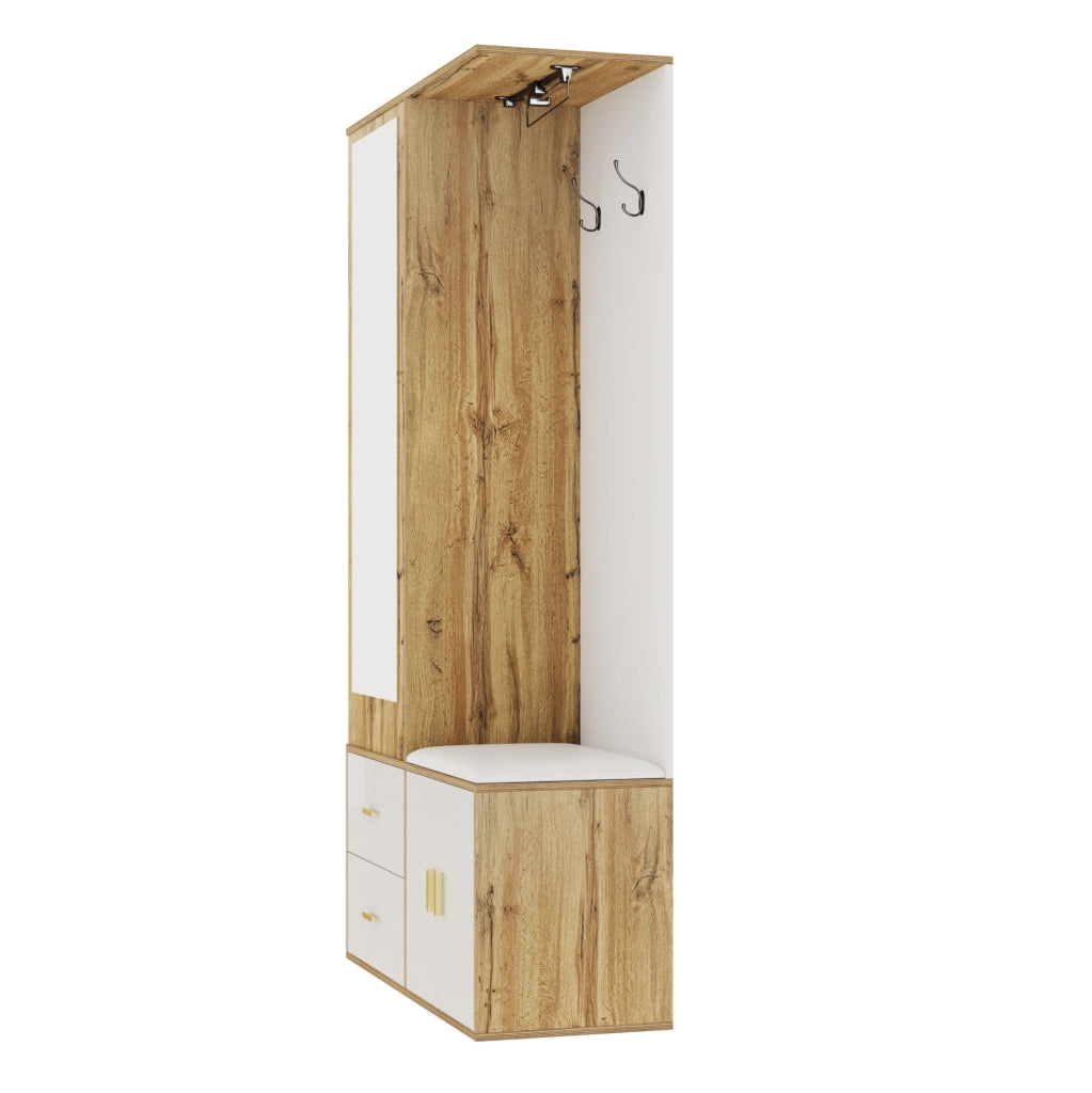 Mobile ingresso con specchio; appendiabiti estraibile; scarpiera e panca; bianco e legno naturale