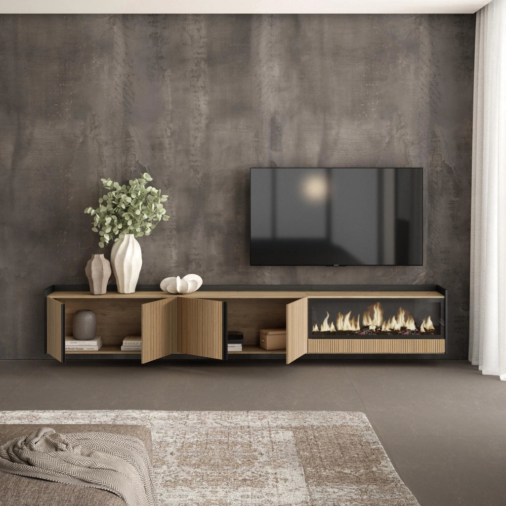 Mobile TV Soggiorno, 315x50x35 cm, Per TV fino a 80", Camino elettrico XXL, Sospeso, da appendere, Rovere e nero