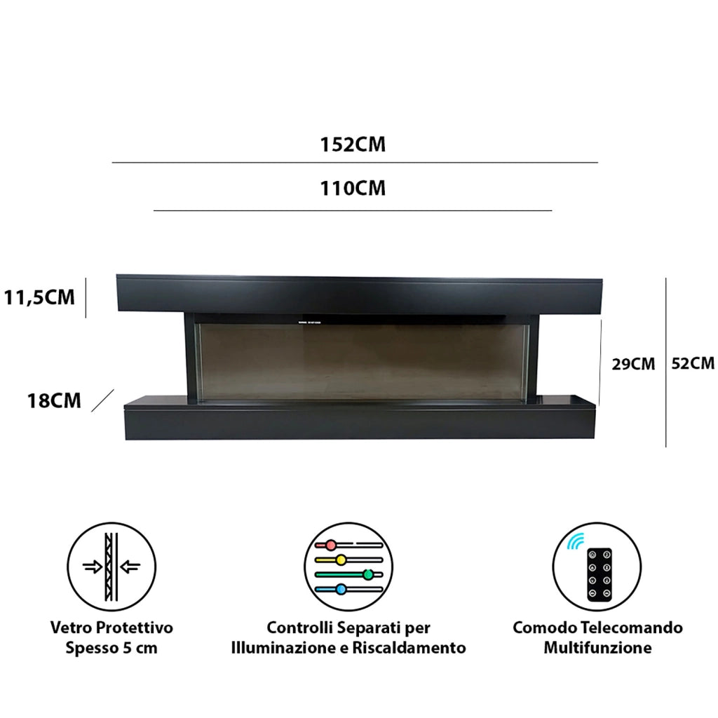 Camino Elettrico da Parete o Incasso Alaro Ultra+ 152x18x52 cm Effetto Fiamma Telecomando in MDF Nero