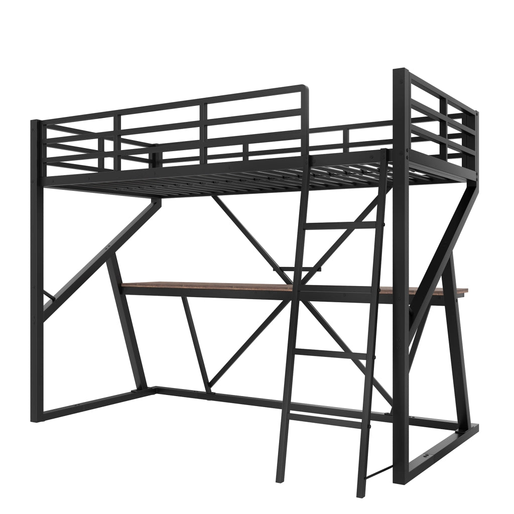 Letto a soppalco per bambini 90x200 cm con scrivania, scala, LED multicolore e ringhiera, nero