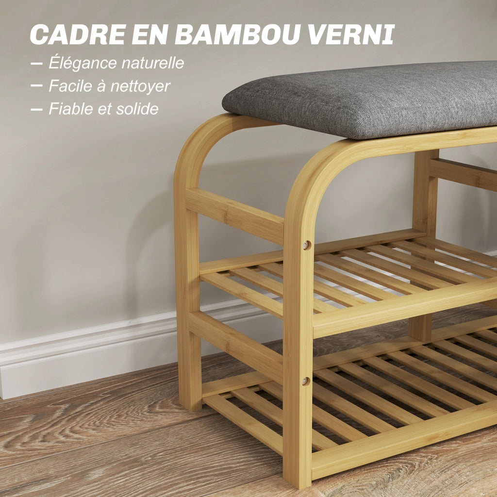 Panca portascarpe con cuscino ¨C Xylo ¨C legno naturale, 2 ripiani e cestino, 70x30x45cm