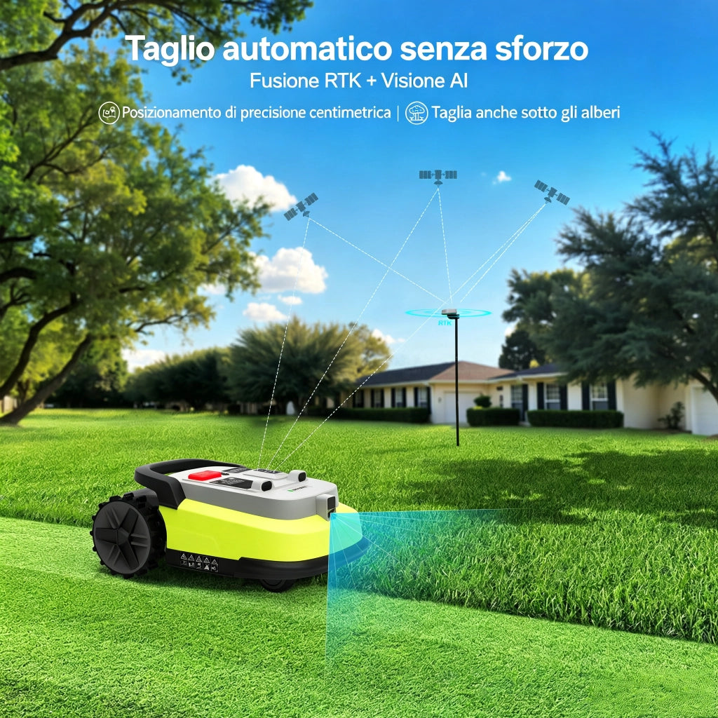 Robot tagliaerba M10 con RTK + Visione AI – pendenze fino al 55% – navigazione precisa – silenzioso (52 dB)