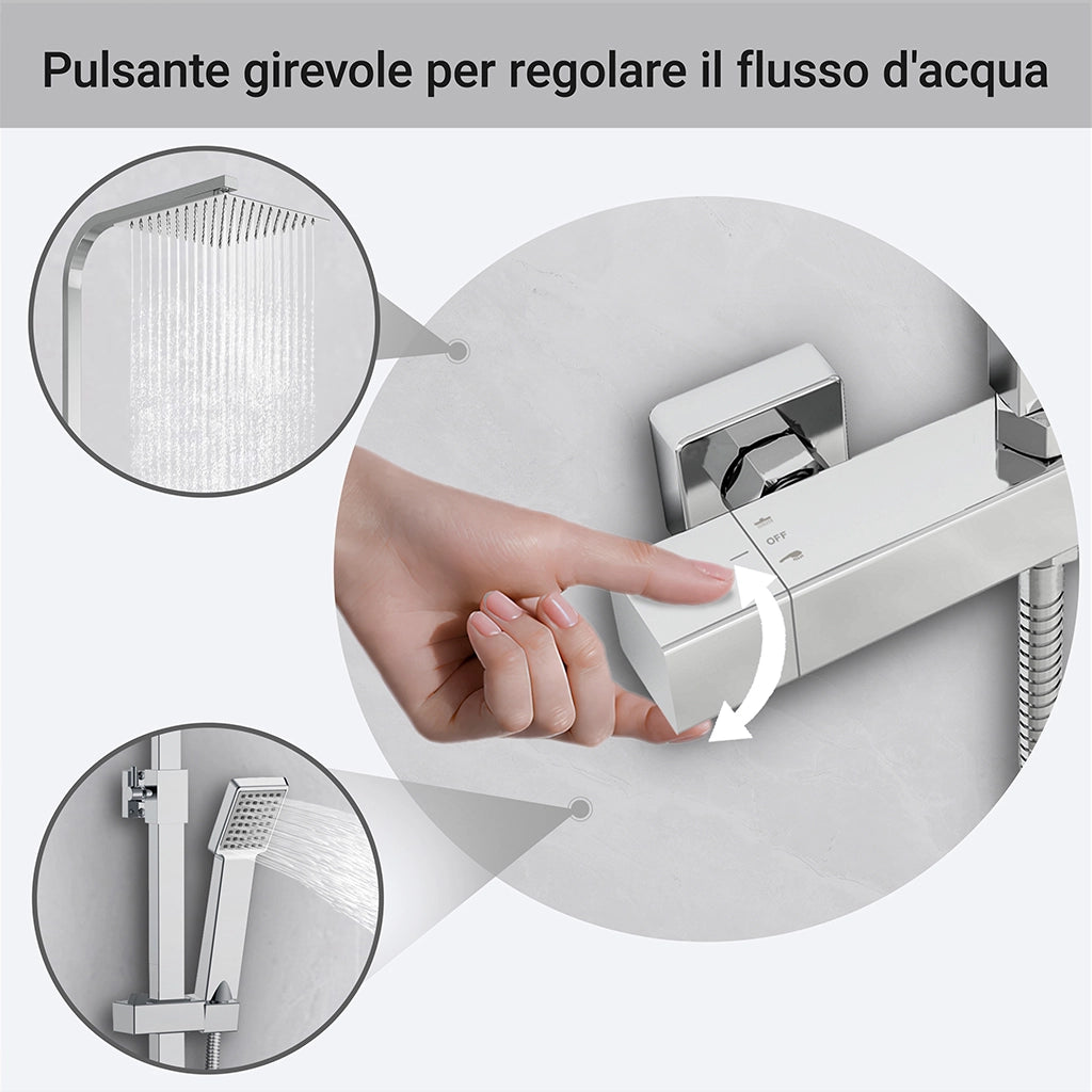 Kit doccia con miscelatore termostatico, soffione quadrato 25x25cm, doccetta quadrata 22x6.4cm, colonna doccia regolabile 73-115cm, cromo