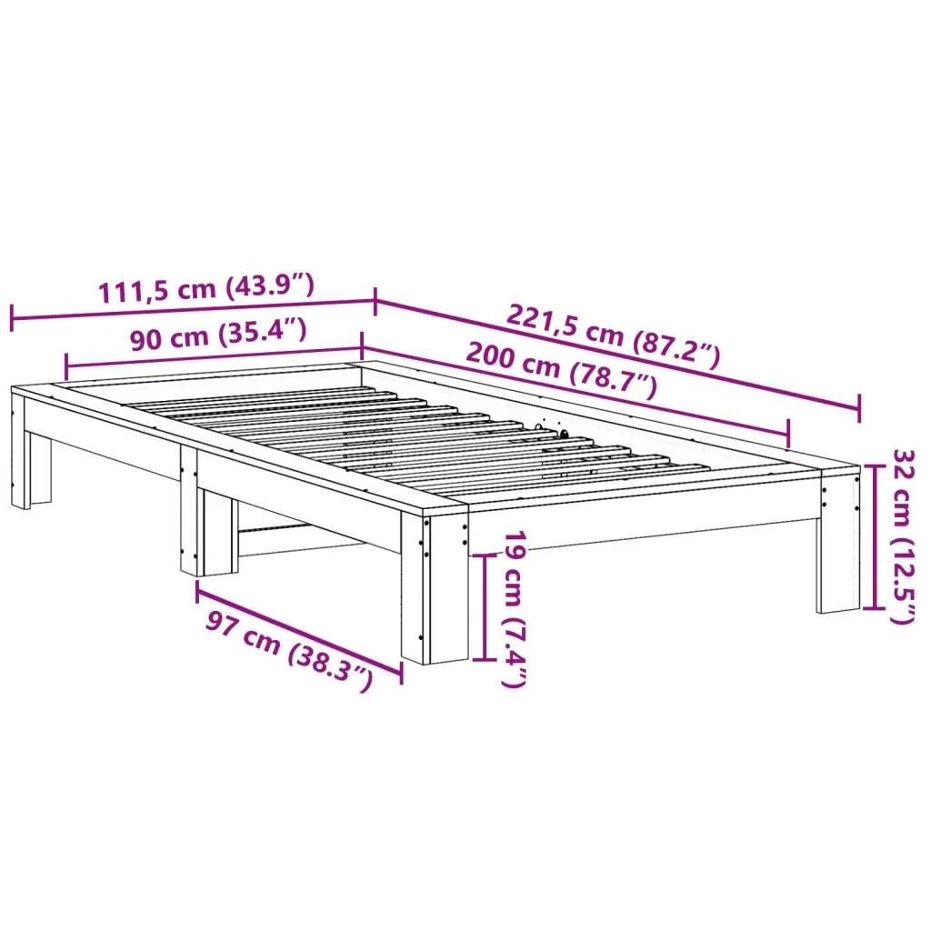 Letto singolo | Letto per adulti | Letto senza Materasso Bianco 90x200 cm Legno Massello di Pino