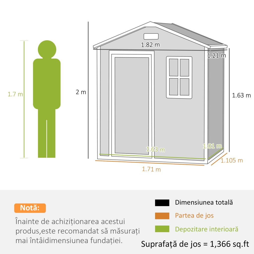 Capanno da Giardino 182x121x200 cm Box con Pavimento Finestra Porta con Serratura e Prese d'Aria in Plastica Grigio