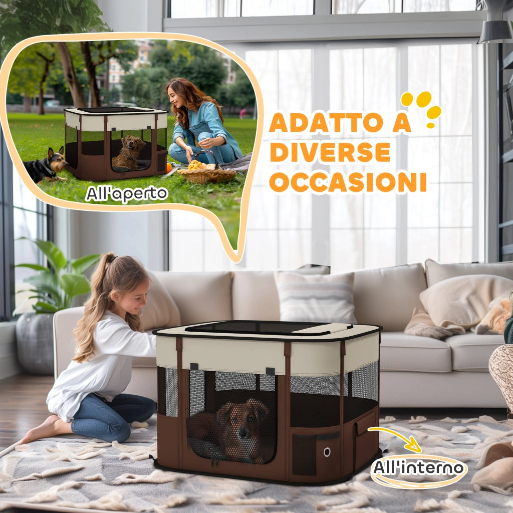 Box per Animali 74x60x45 cm con 6 Finestre 3 Porte e 2 Borse Portaoggetti in Poliestere e Acciaio Marrone