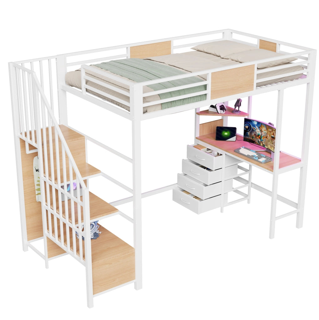 Letto a soppalco 90x200 con scrivania, ripiani, appendiabiti e LED