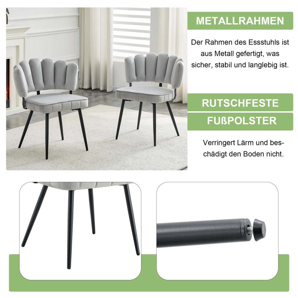 Set di 2 sedie da pranzo europee con schienale a fantasia floreale e rivestimento in velluto. Velluto morbido grigio chiaro + gambe in metallo nero, a