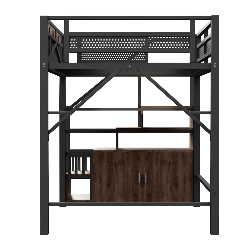 LETTO a soppalco 140x200 cm metallo e legno nero con scala laterale