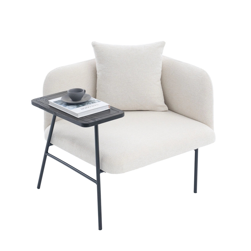 Poltrona da relax in chenille beige con tavolino laterale e tasche portaoggetti